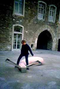 Float Sculpture at Bologne Castle, Stainless steel and glass fibre pink concrete over polystyrene